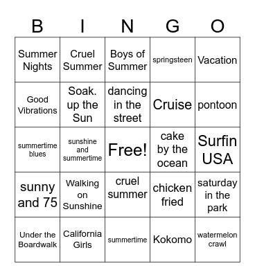 Summer Songs Bingo Card