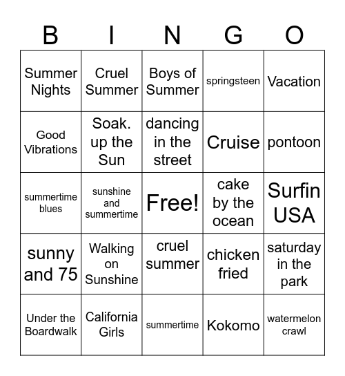 Summer Songs Bingo Card