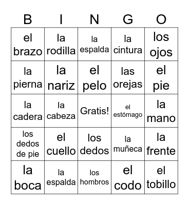 Las Partes Del Cuerpo Bingo Card