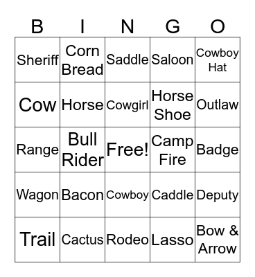 Wild WIld West Bingo Card