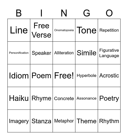 Poetry Bingo Card