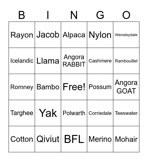 Fibers/Breeds Bingo Card