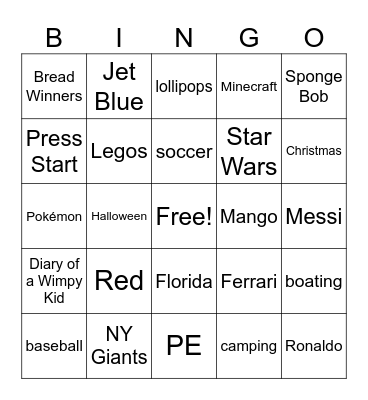 MORGAN'S FAVORITE THINGS Bingo Card
