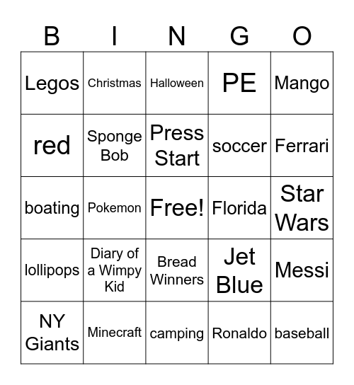 MORGAN'S FAVORITE THINGS Bingo Card