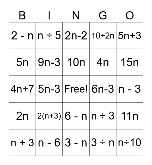 Creating Algebraic Expressions Bingo Card