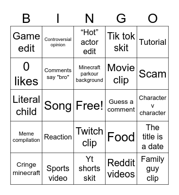 YouTube shorts Bingo Card