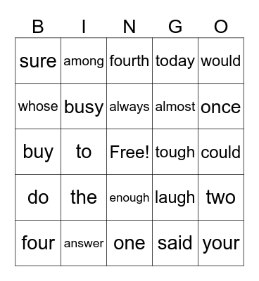 Heart Words  Set 2 Bingo Card