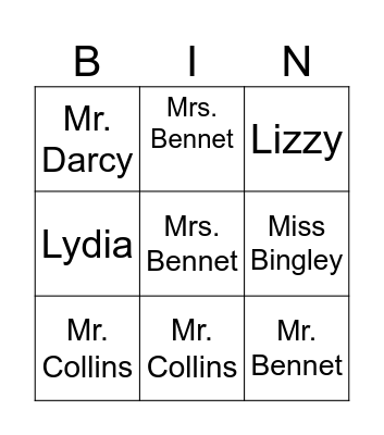 Pride and Prejudice 12-14 Bingo Card