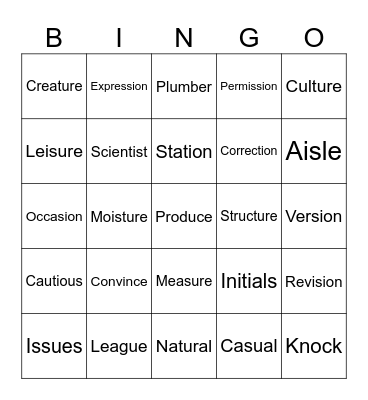 2R Words (Produce-Plumber) Bingo Card