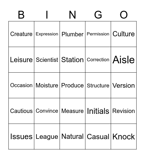 2R Words (Produce-Plumber) Bingo Card