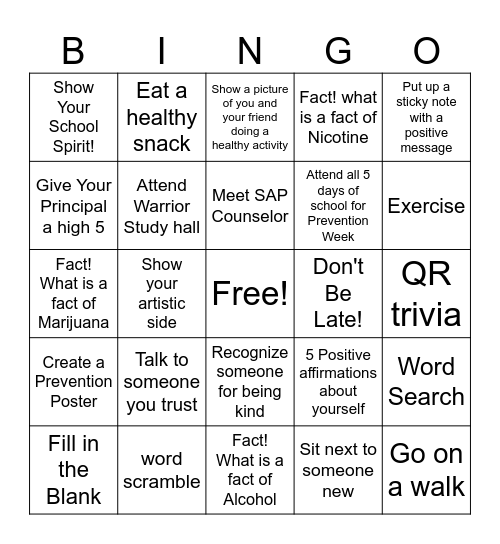 SAMHSA Prevention Week 2024 (MS) Bingo Card