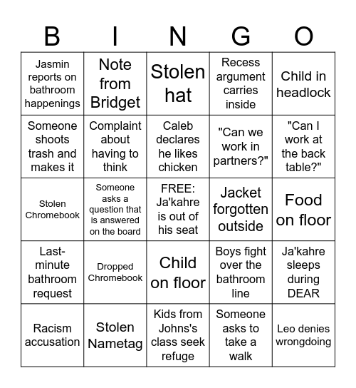 Nav's Class Bingo Card