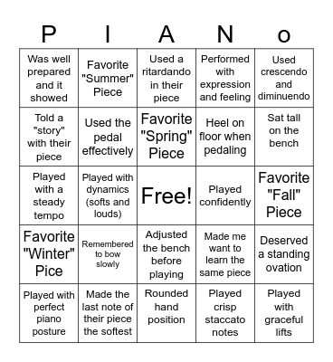 Piano Recital Bingo Card