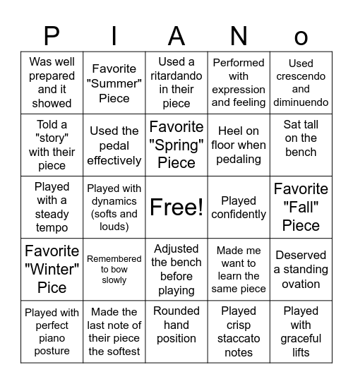 Piano Recital Bingo Card