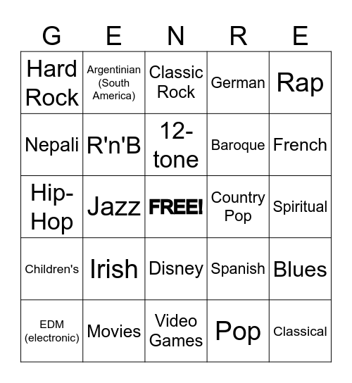 Genres of Music Bingo Card