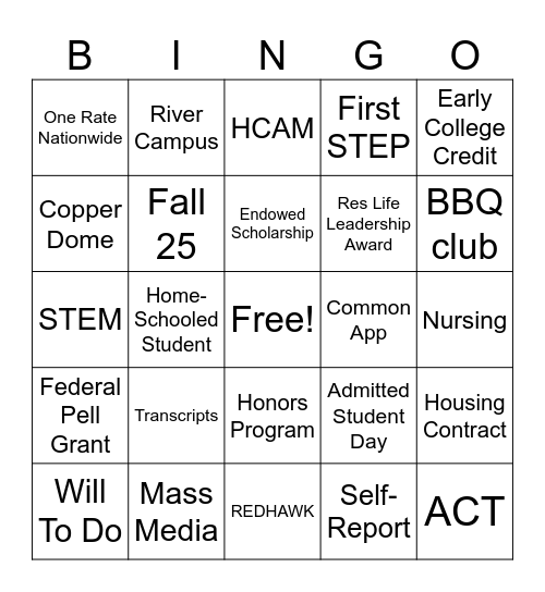 Admissions BINGO Card