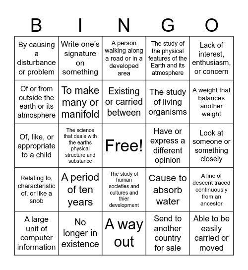 Week 4 Bingo Card