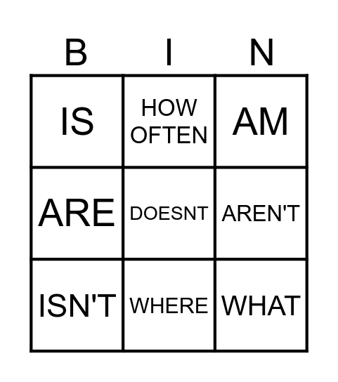 Simple Present Bingo Card