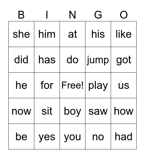 Sight Word Bingo Card