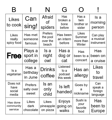 Icebreaker BINGO for Interns 2024! Bingo Card