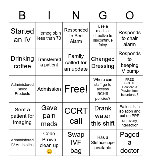 Nursing Week Bingo Card