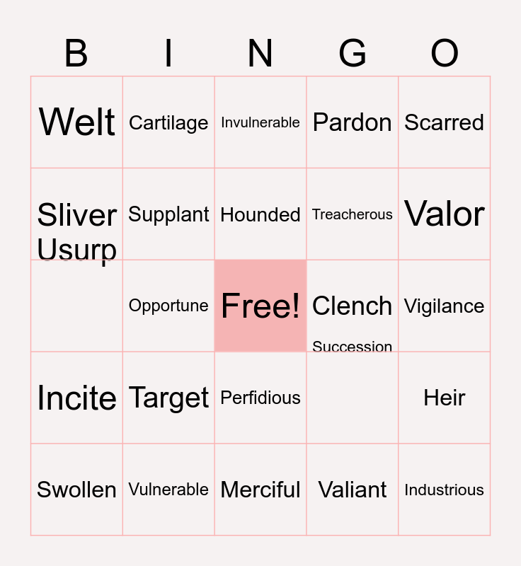 Vocabulary words Unit 5 Bingo Card