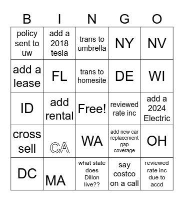 Dillion's Bingo Card