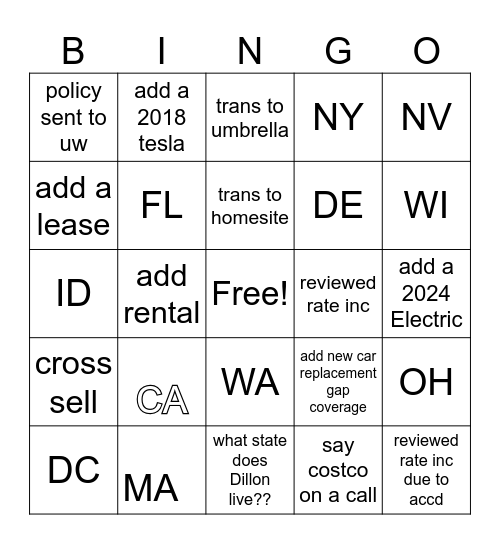 Dillion's Bingo Card