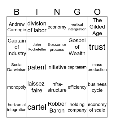 Gilded Age Bingo Card