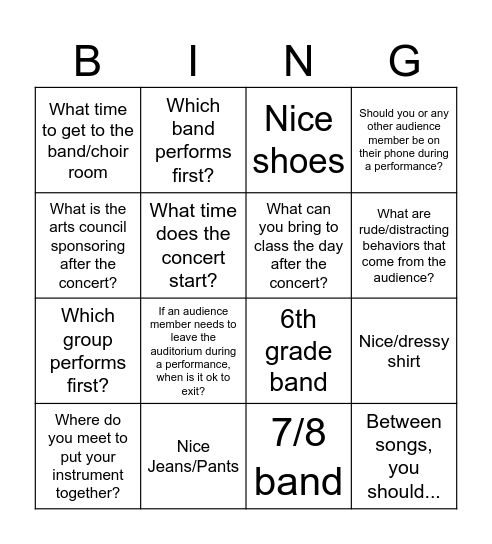 Concert Bingo (5/6 Band) Bingo Card