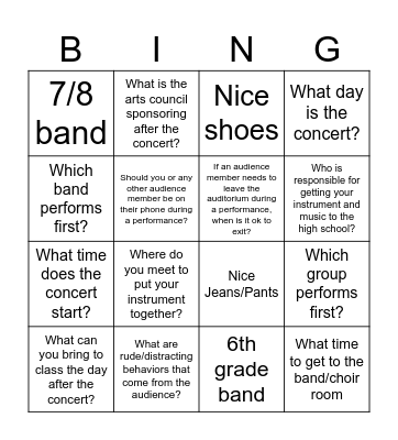 Concert Bingo (5/6 Band) Bingo Card
