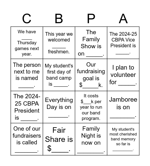 2024 Crockett Band Spring Parent Meeting Bingo Card