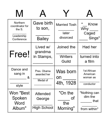 Maya Angelou Bingo Card