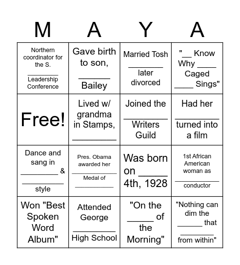 Maya Angelou Bingo Card