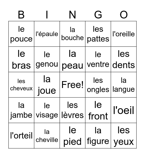 Fr2 U5 les parties du corps Bingo Card