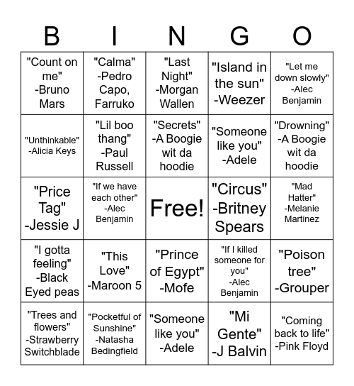 Sunrise Music Bingo #2 Bingo Card
