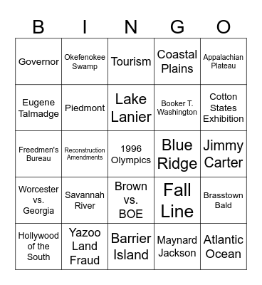 Georgia Studies Bingo Card