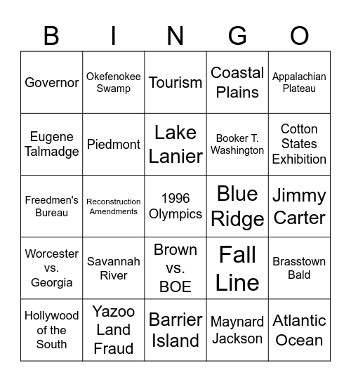 Georgia Studies Bingo Card
