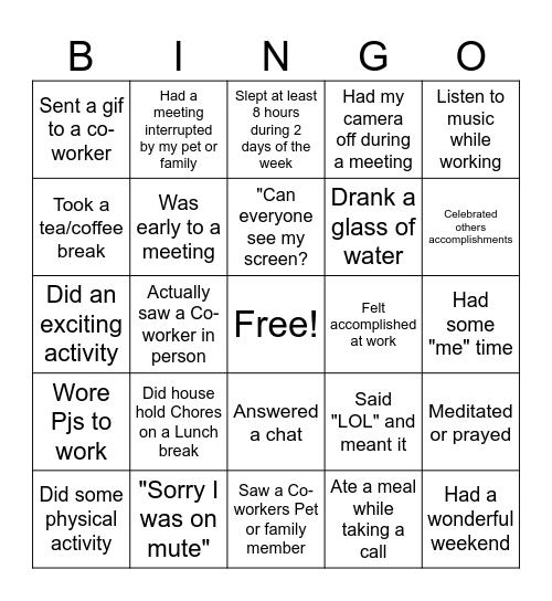 My week Bingo Card