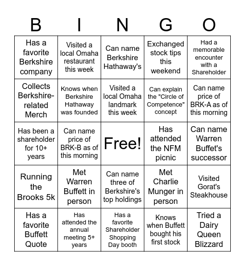 Berkshire Facts and Fun Bingo Card