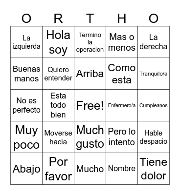 Periop Spanish Phrases Bingo Card