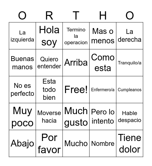 Periop Spanish Phrases Bingo Card