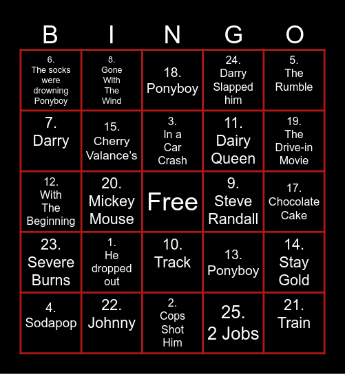 Outsiders BINGO Card