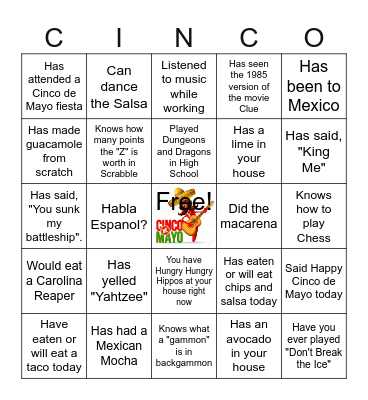 Sunday Funday Cinco de Mayo Game Extravaganza Bingo Card