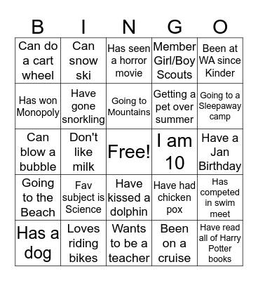 Mrs. Taylor's 2016 4th grade class Bingo Card