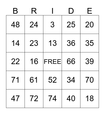 Bridal Shower Bingo Card