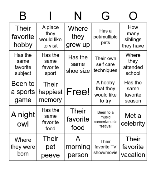 Getting to Know You Bingo Card