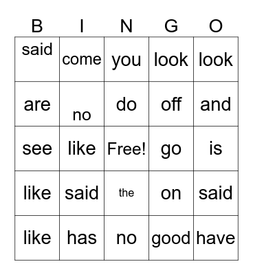 Heart Word Bingo Card