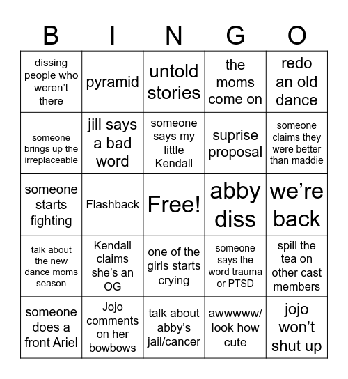 dance moms bingo Card