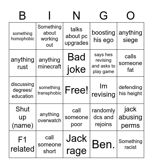 Jack bingo Card